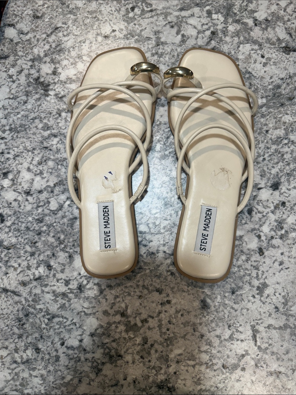 Steve Madden Cream Multi-Strap Slide Sandals with Gold Accent